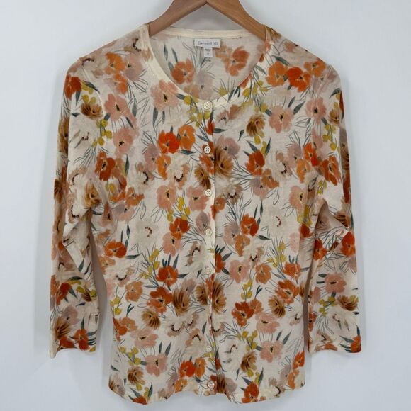 Garnet Hill Signature Eco Merino Cardigan Sweater Floral Cream Women Medium - Picture 1 of 5